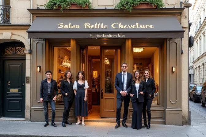 Exterior view of Salon Belle Chevelure on Rue de Rivoli in Paris, with stylish team members standing outside